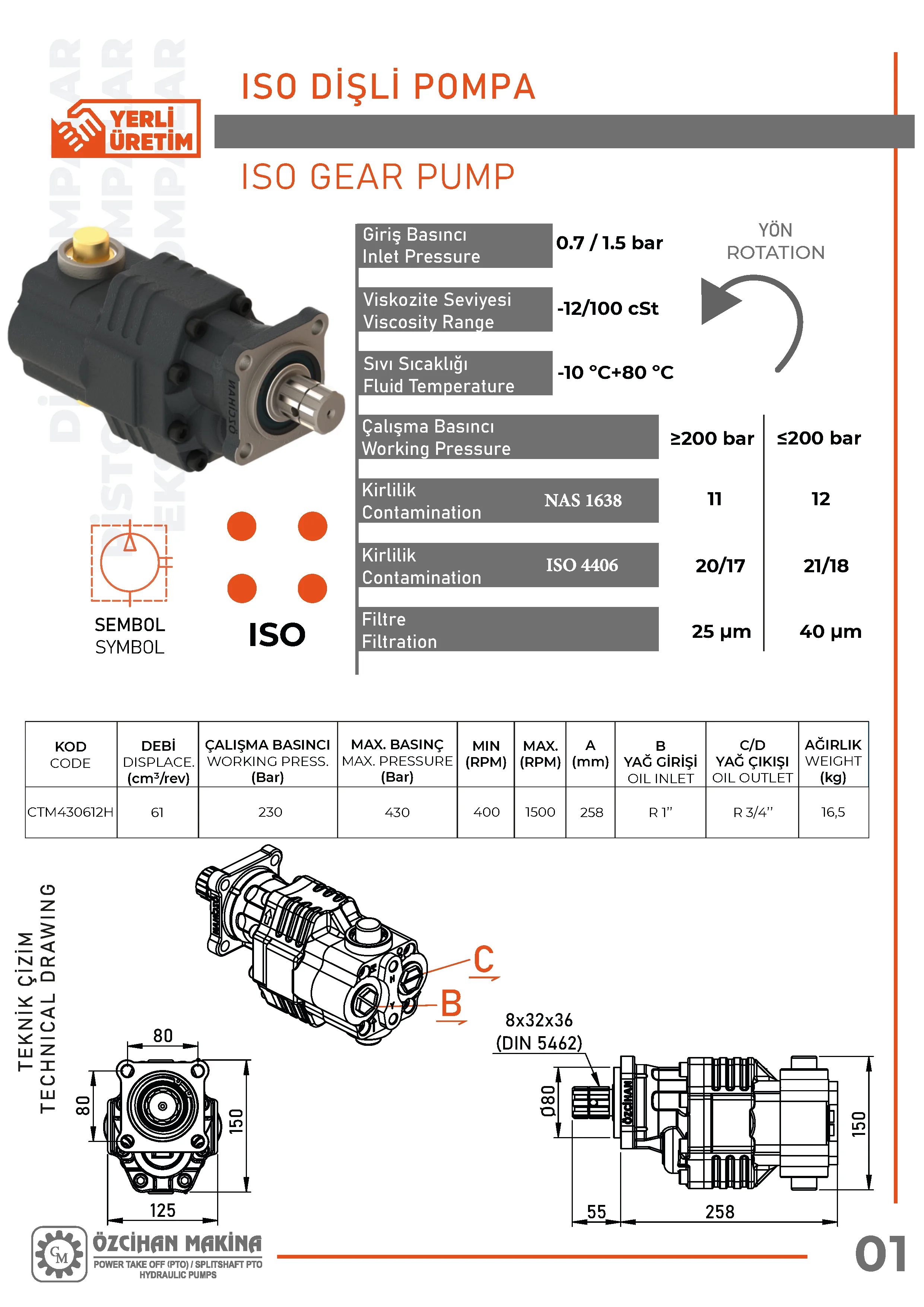 CTM430612H Döküm Gövde Dişli Pompa – 61 cm³/rev teknik çizimi — kesit, ölçü ve montaj şeması