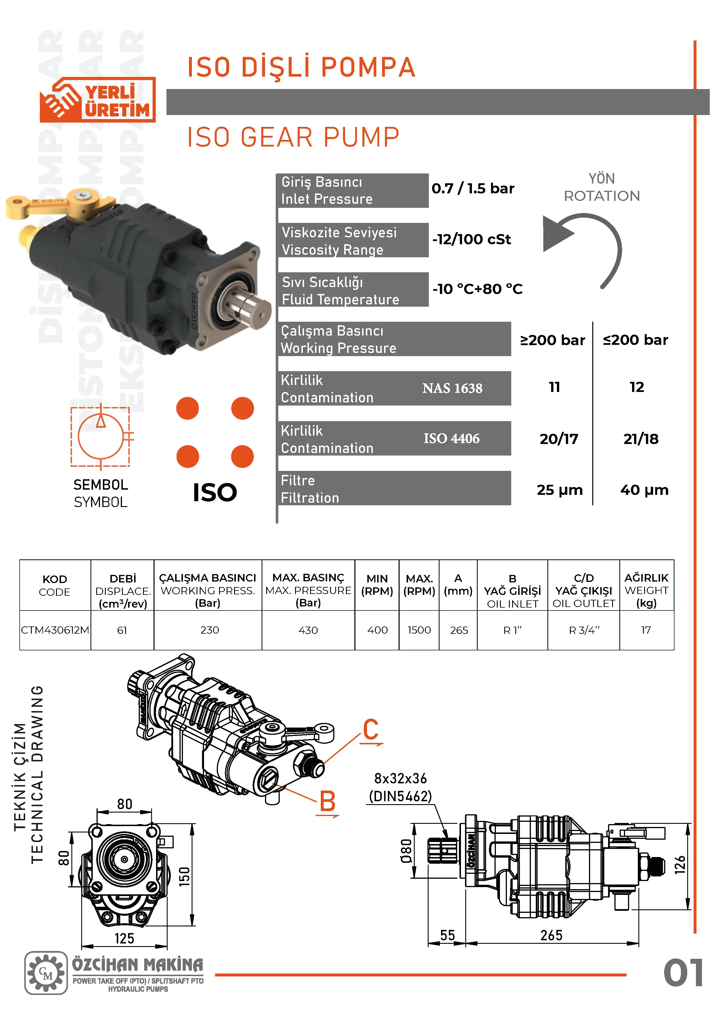 CTM430612M Döküm Gövde Dişli Pompa – 61 cm³/rev teknik çizimi — kesit, ölçü ve montaj şeması