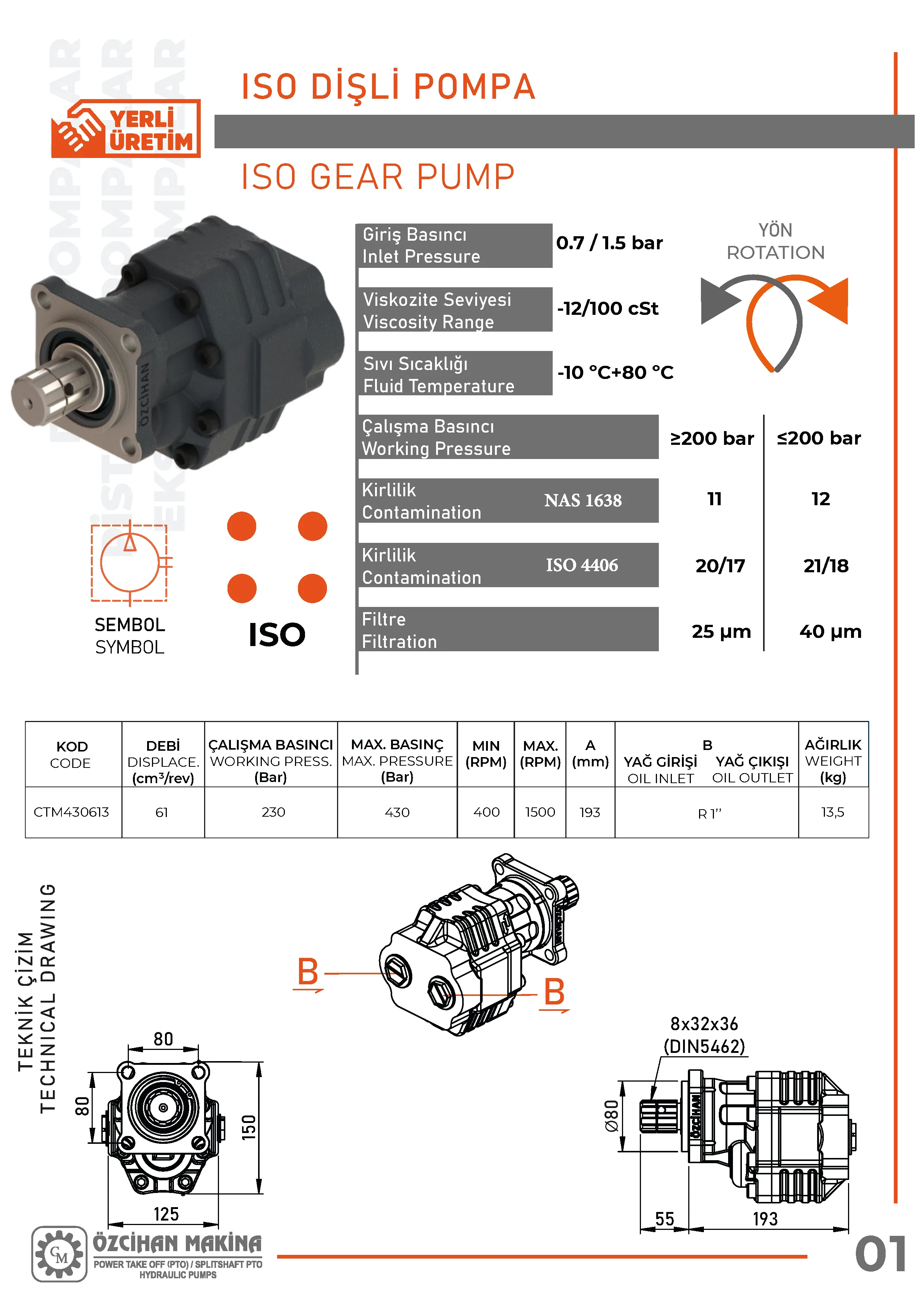 CTM430613 Döküm Gövde Dişli Pompa – 61 cm³/rev teknik çizimi — kesit, ölçü ve montaj şeması