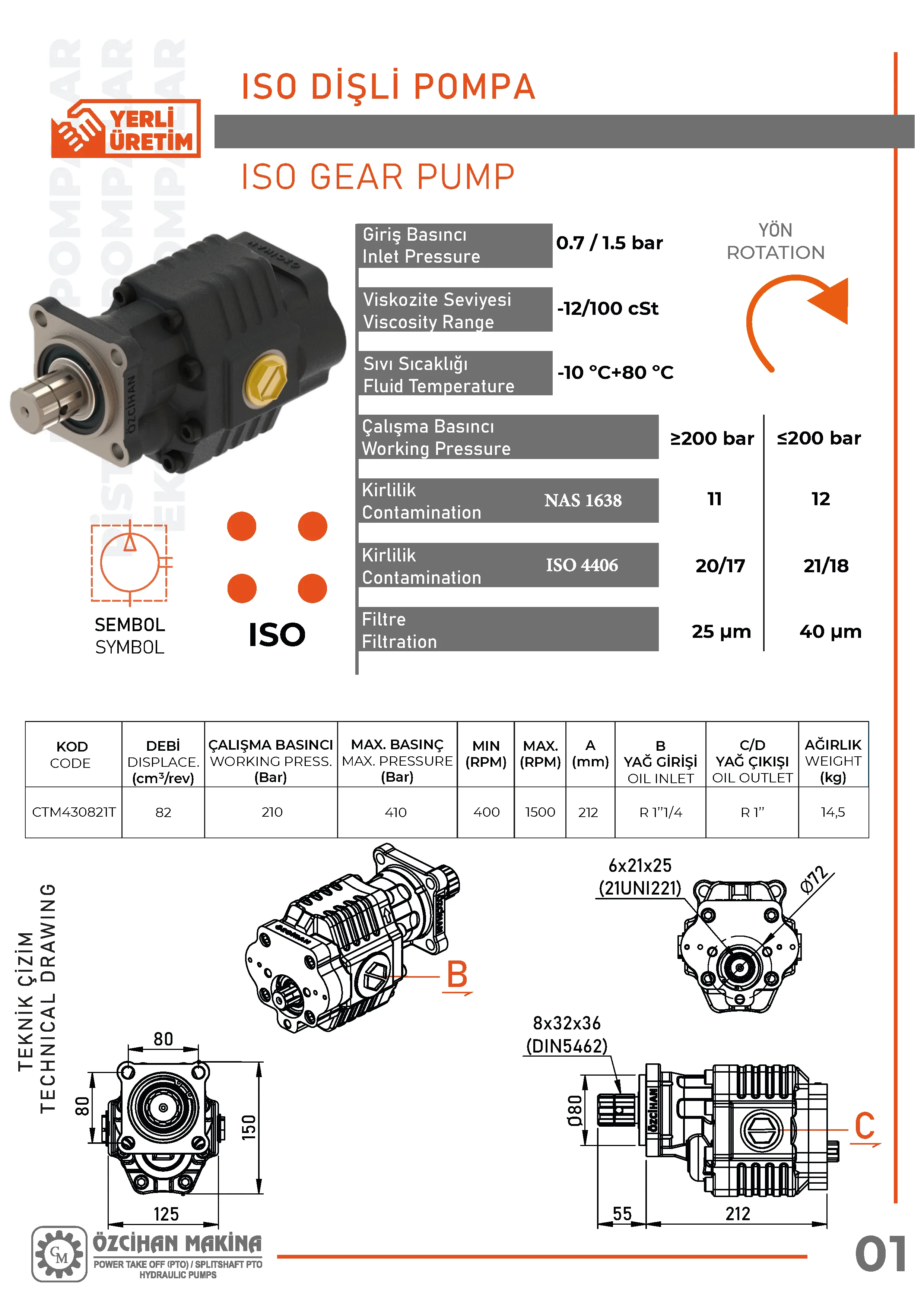 CTM430821T Döküm Gövde Dişli Pompa – 82 cm³/rev teknik çizimi — kesit, ölçü ve montaj şeması