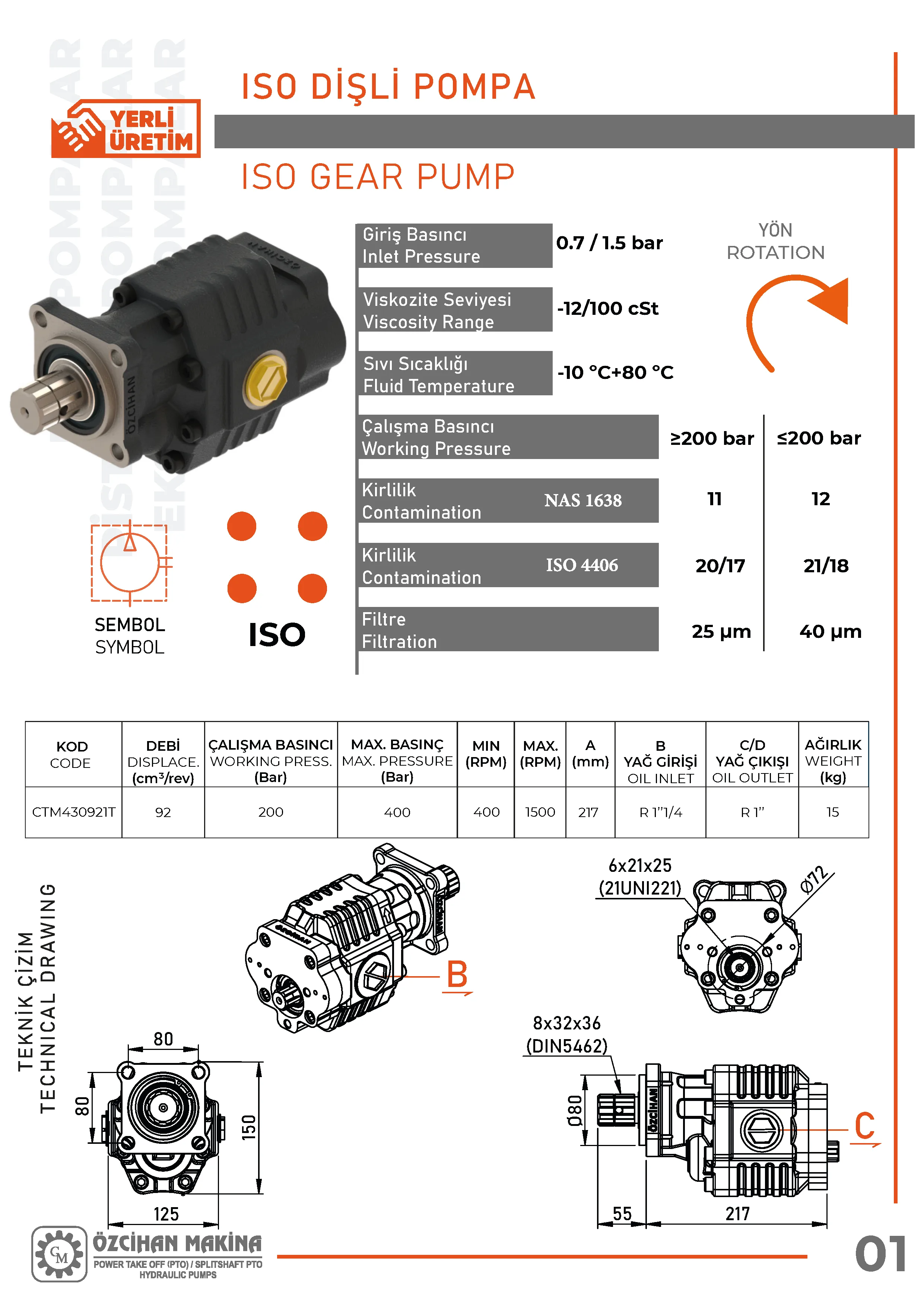 CTM430921T Döküm Gövde Dişli Pompa – 92 cm³/rev teknik çizimi — kesit, ölçü ve montaj şeması