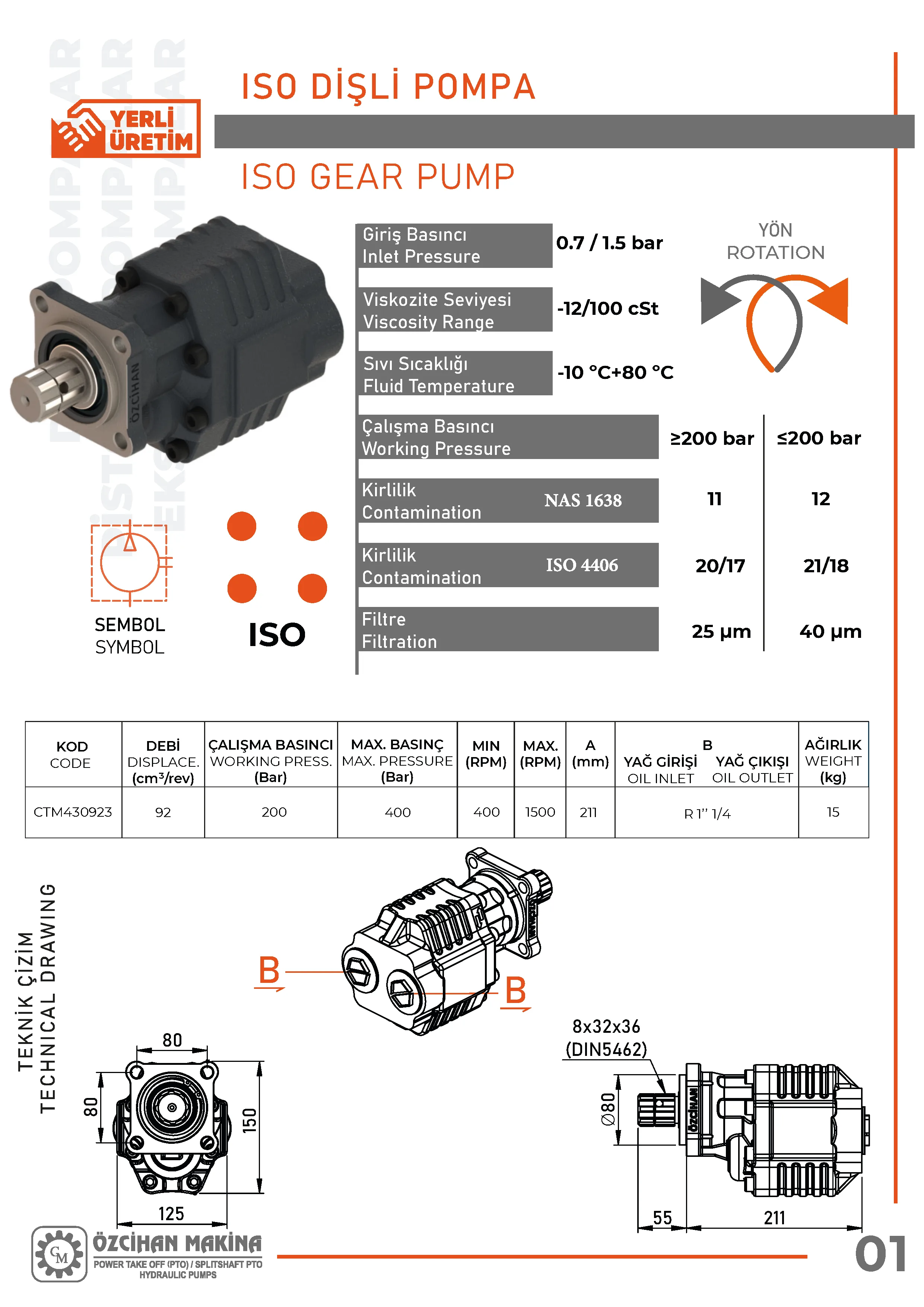 CTM430923 Döküm Gövde Dişli Pompa – 92 cm³/rev teknik çizimi — kesit, ölçü ve montaj şeması