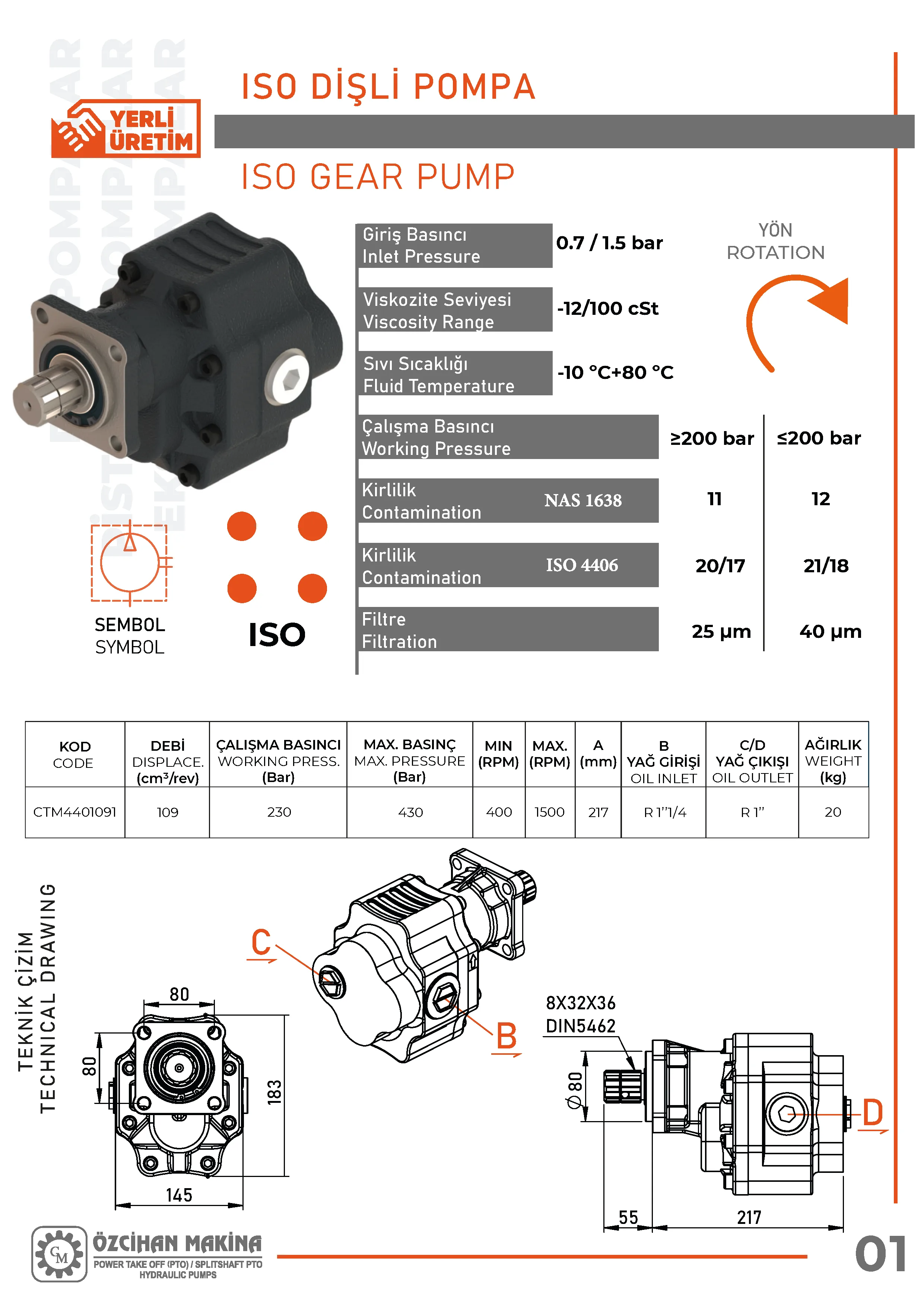 CTM4401091 Döküm Gövde Dişli Pompa – 109 cm³/rev teknik çizimi — kesit, ölçü ve montaj şeması