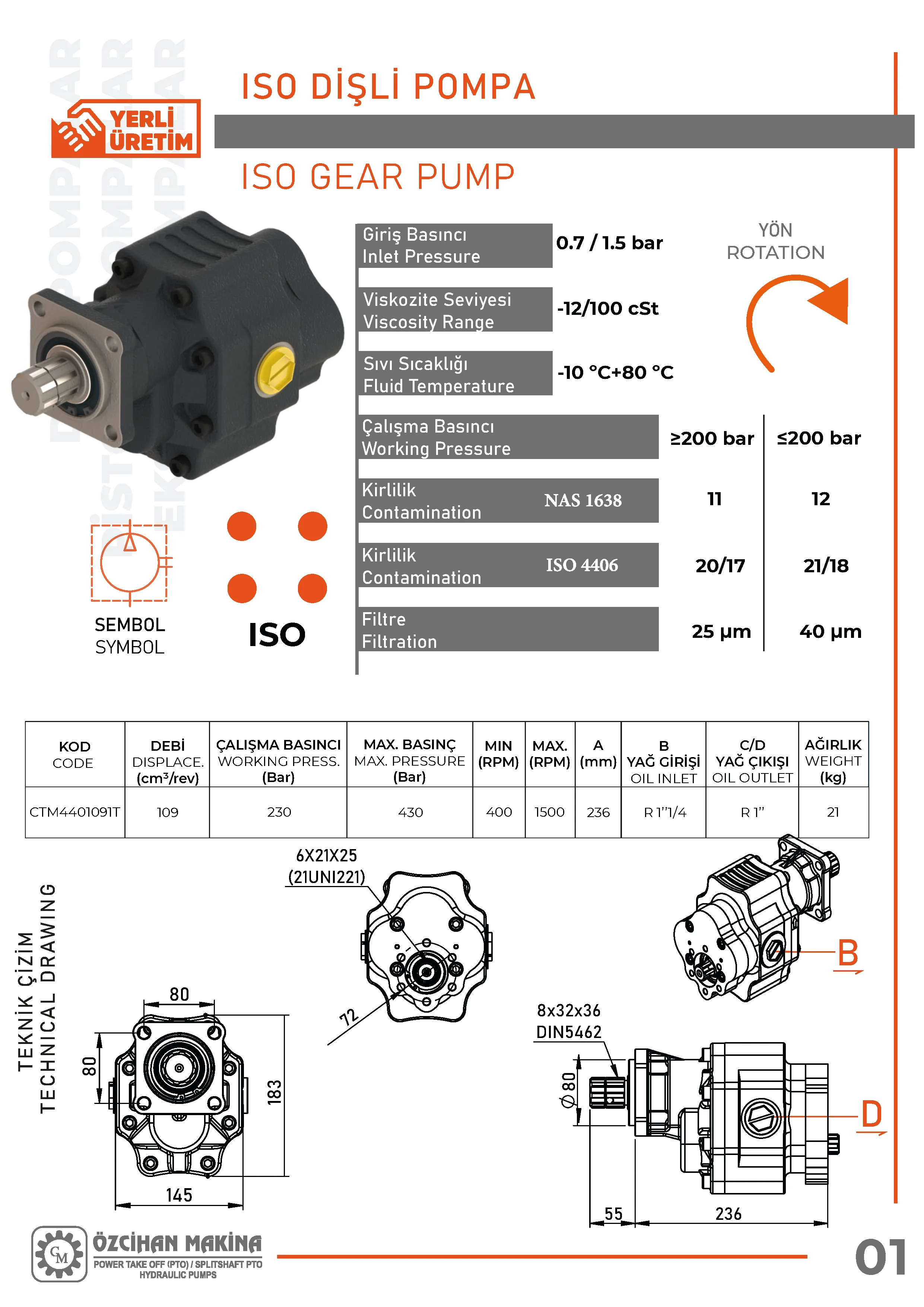 CTM4401091T Döküm Gövde Dişli Pompa – 109 cm³/rev teknik çizimi — kesit, ölçü ve montaj şeması
