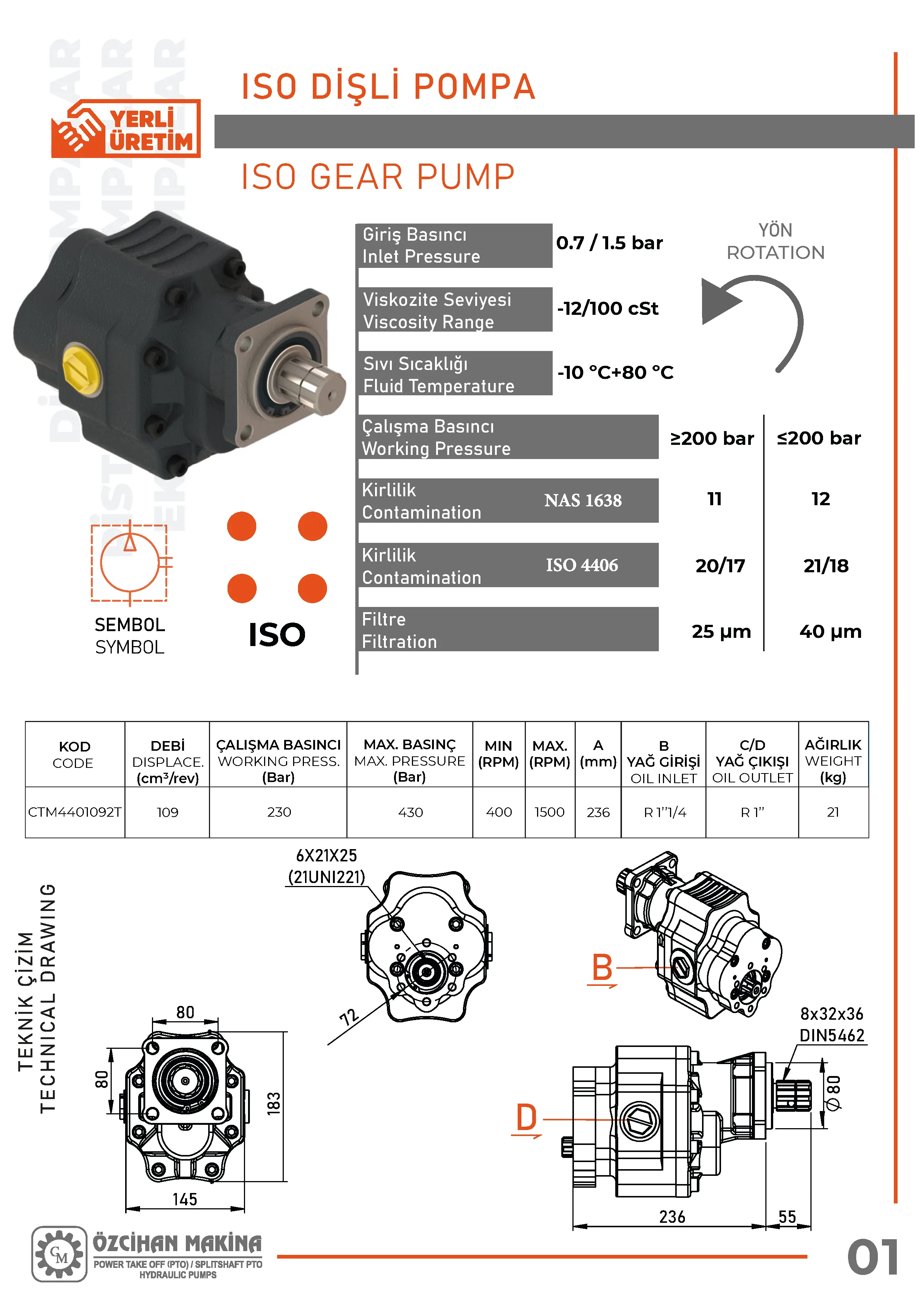 CTM4401092T Döküm Gövde Dişli Pompa – 109 cm³/rev teknik çizimi — kesit, ölçü ve montaj şeması