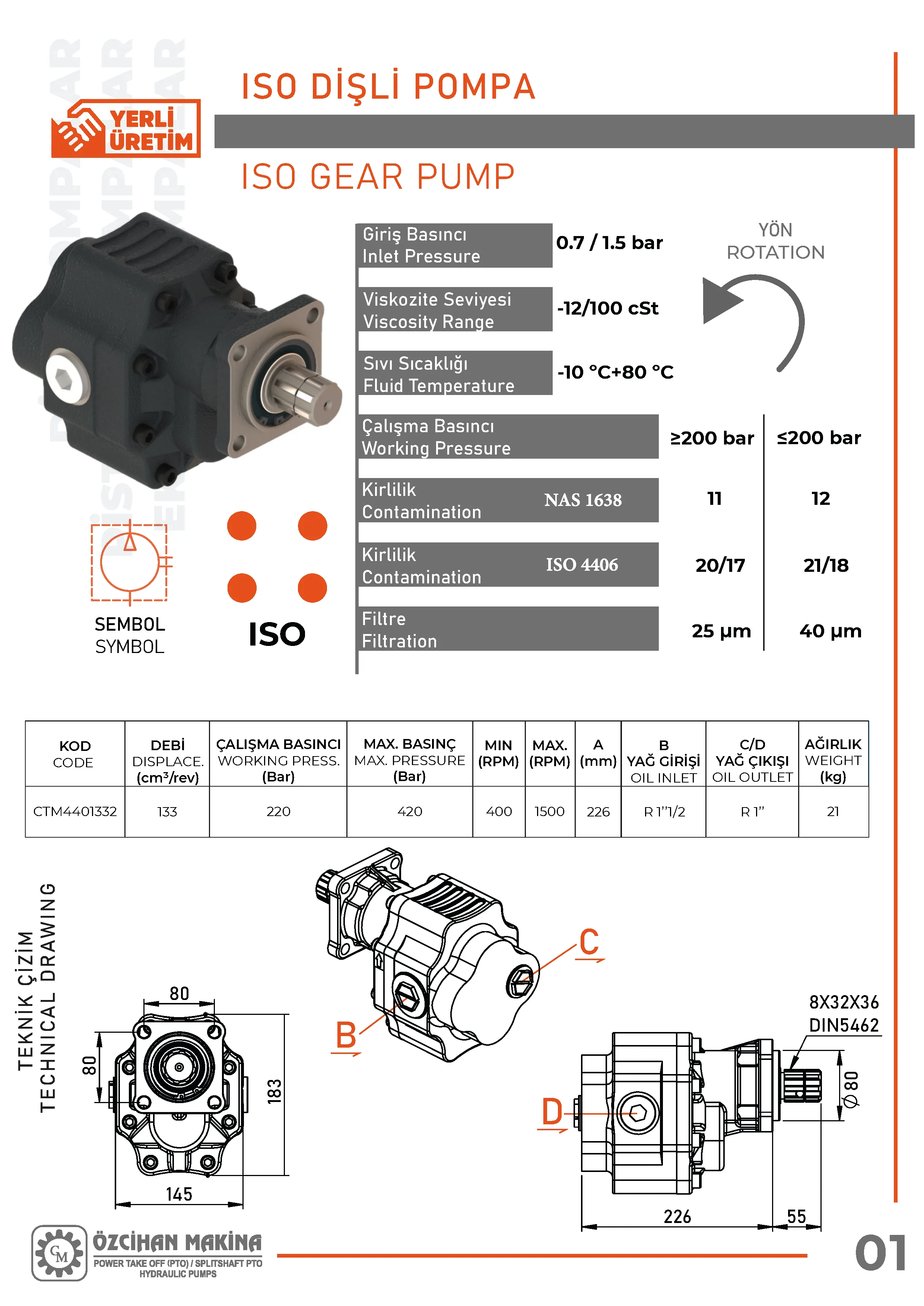 CTM4401332 Döküm Gövde Dişli Pompa – 133 cm³/rev teknik çizimi — kesit, ölçü ve montaj şeması