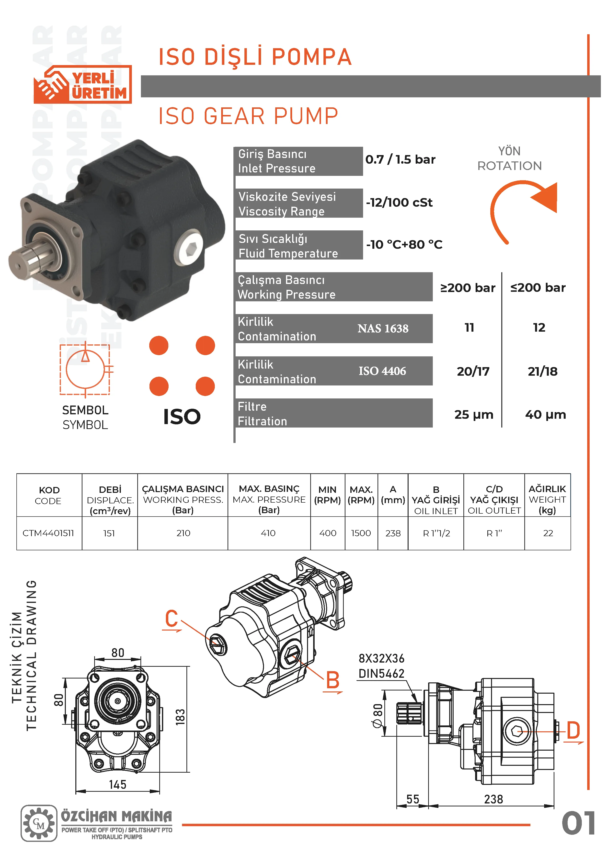 CTM4401511 Döküm Gövde Dişli Pompa – 151 cm³/rev teknik çizimi — kesit, ölçü ve montaj şeması