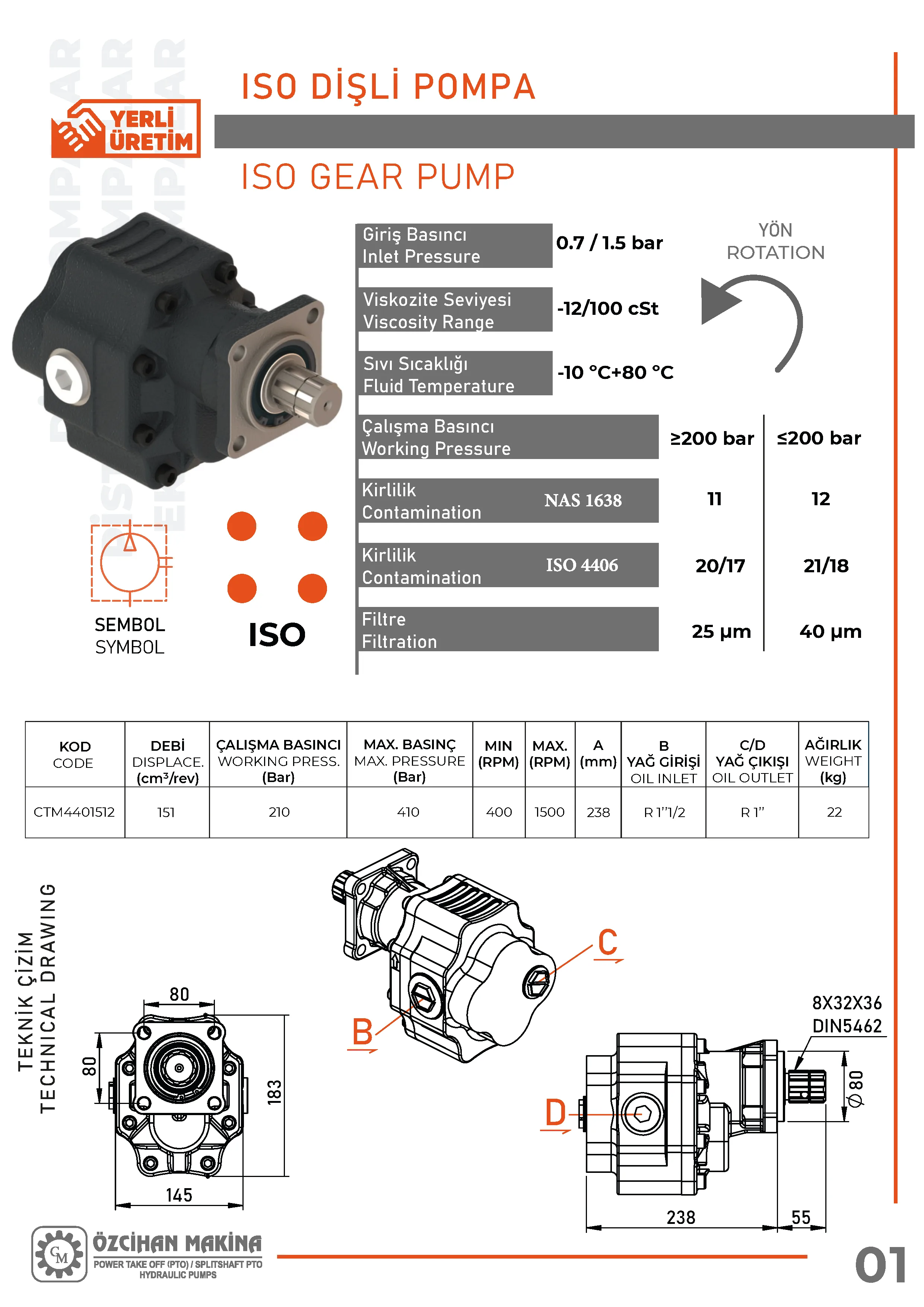 CTM4401512 Döküm Gövde Dişli Pompa – 151 cm³/rev teknik çizimi — kesit, ölçü ve montaj şeması