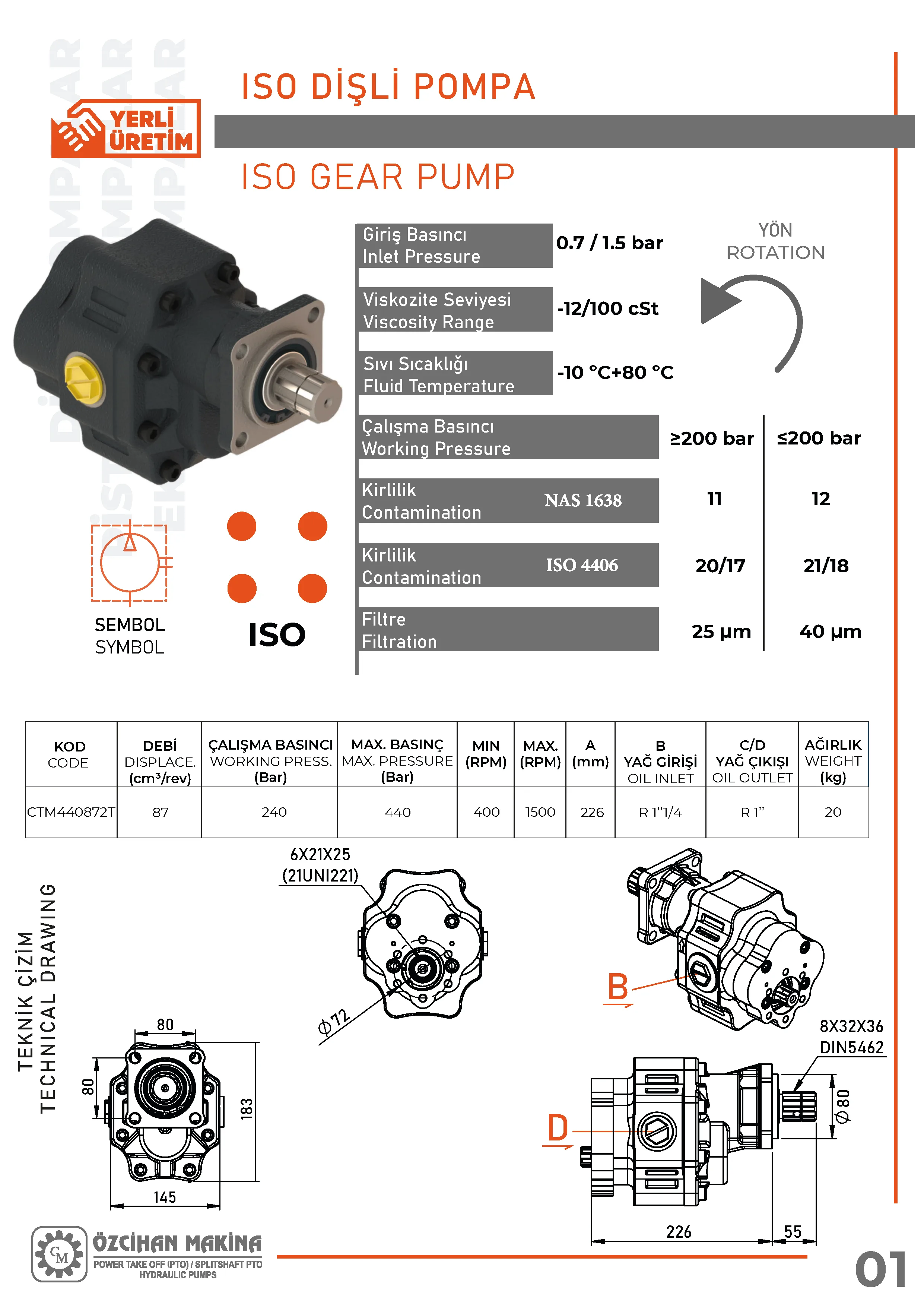 CTM440872T Döküm Gövde Dişli Pompa – 87 cm³/rev teknik çizimi — kesit, ölçü ve montaj şeması