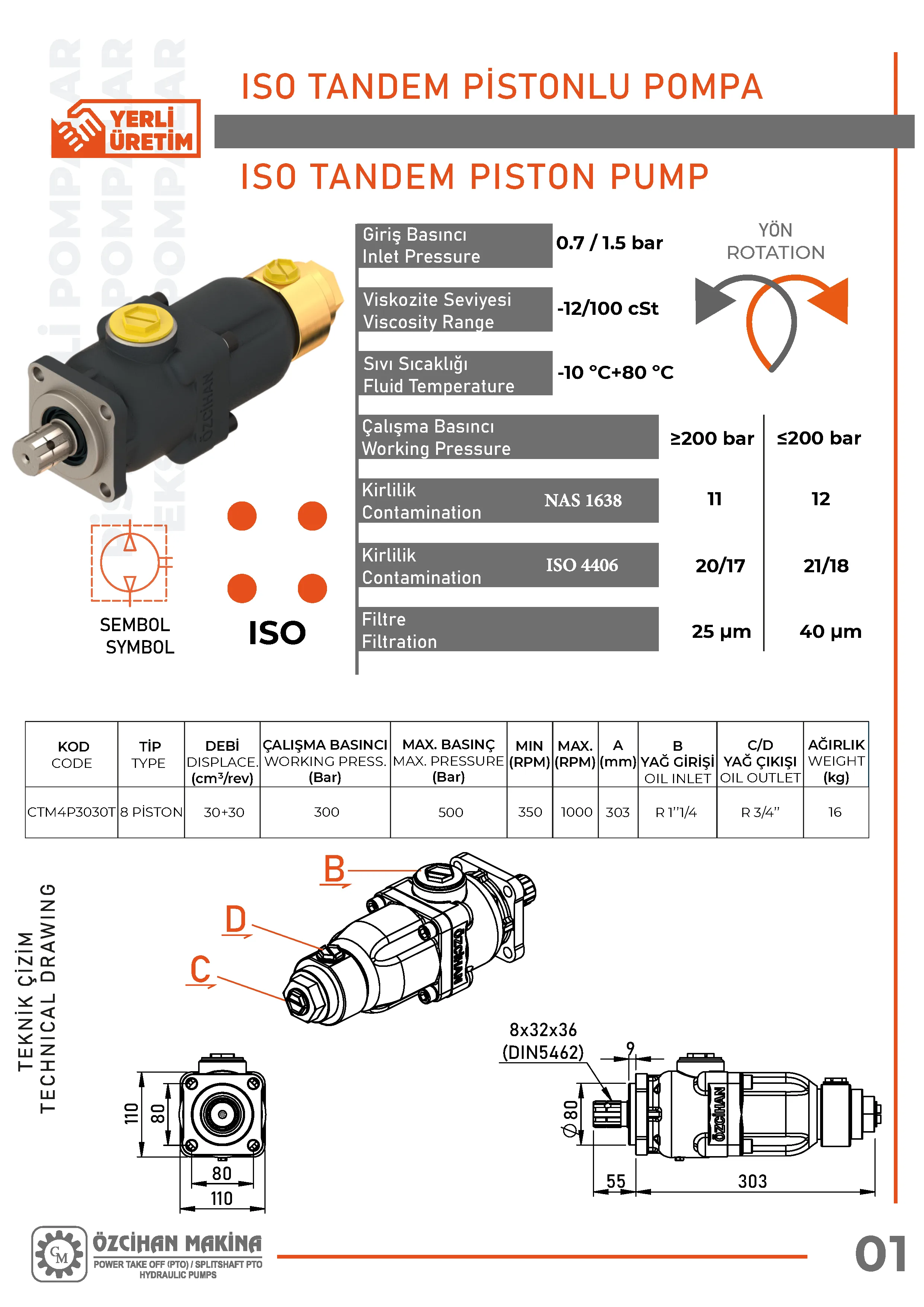CTM4P3030T Döküm Gövde Pistonlu Pompa – 8 Elemanlı, 30+30 cm³/rev teknik çizimi — kesit, ölçü ve montaj şeması