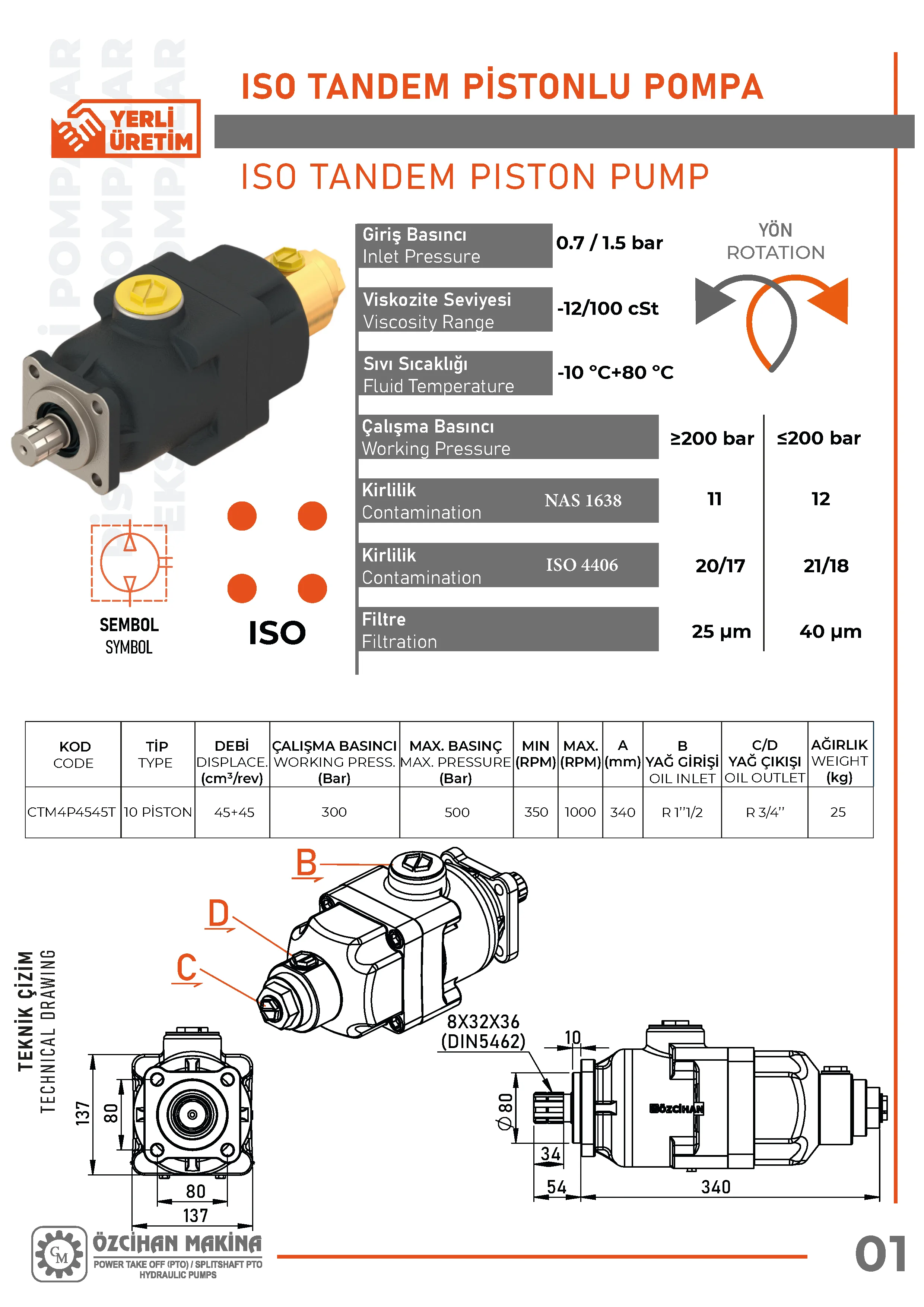CTM4P4545T Döküm Gövde Pistonlu Pompa – 10 Elemanlı, 45+45 cm³/rev teknik çizimi — kesit, ölçü ve montaj şeması