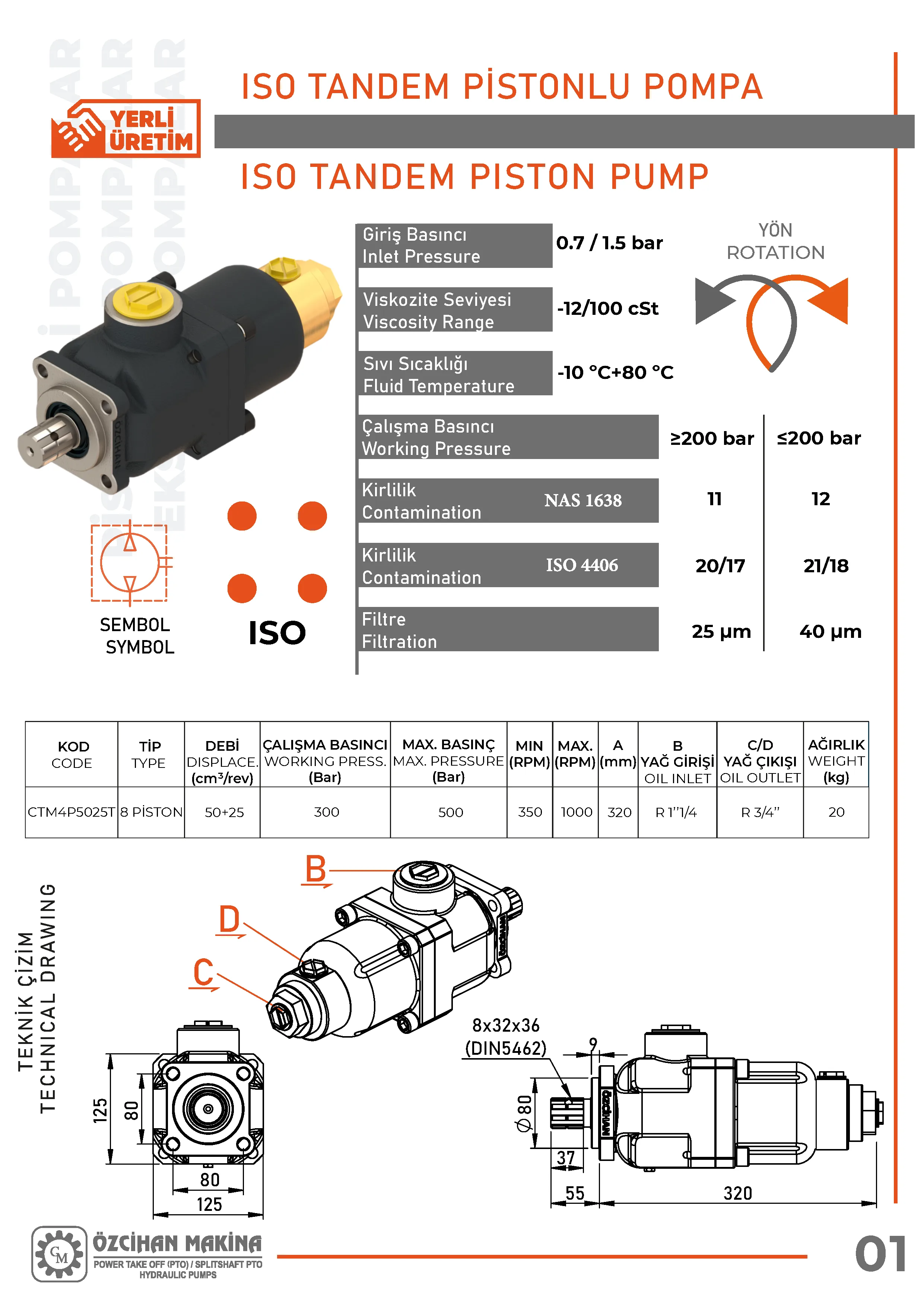 CTM4P5025T Döküm Gövde Pistonlu Pompa – 9 Elemanlı, 50+25 cm³/rev teknik çizimi — kesit, ölçü ve montaj şeması