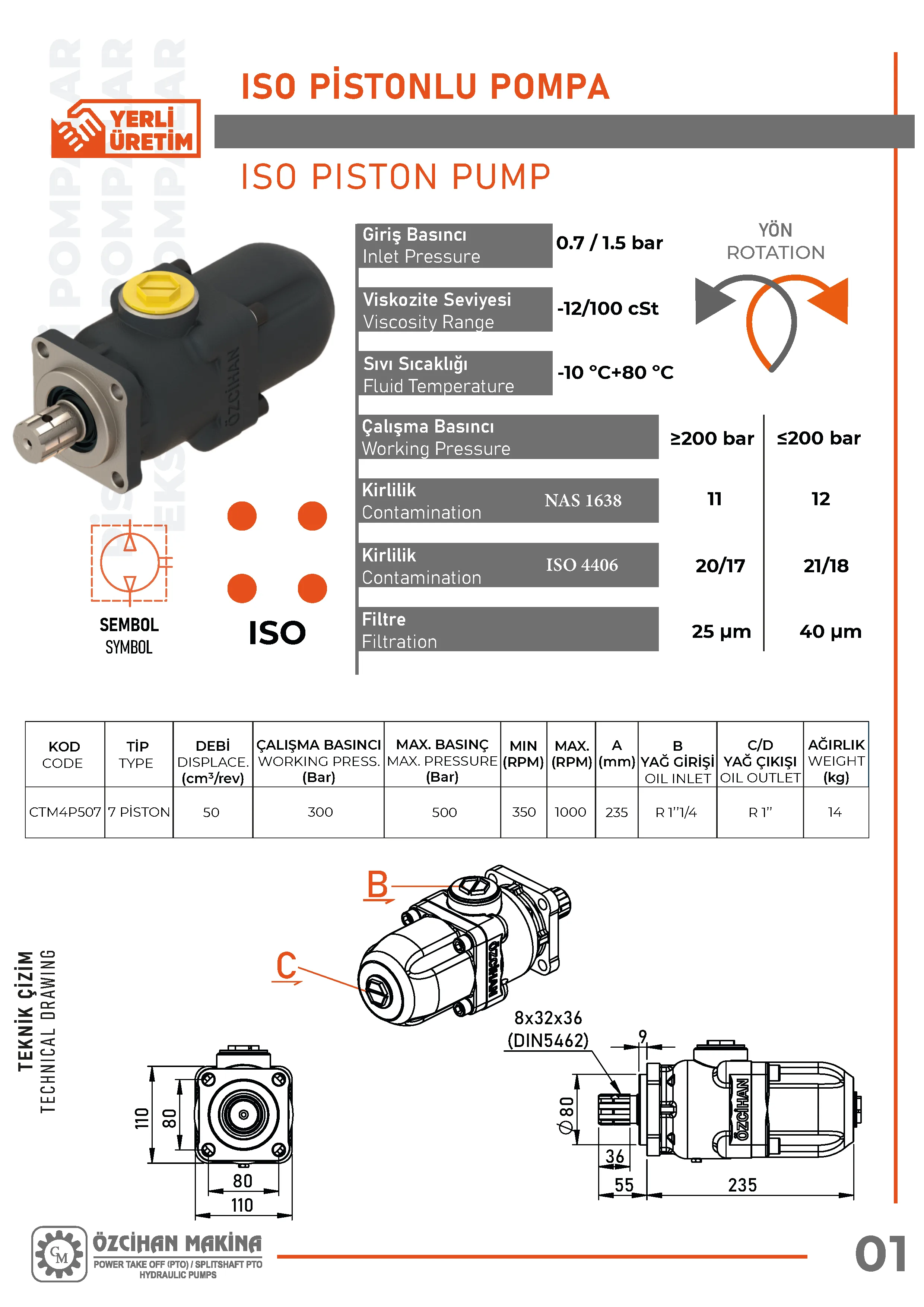 CTM4P507 Döküm Gövde Pistonlu Pompa – 7 Elemanlı, 50 cm³/rev teknik çizimi — kesit, ölçü ve montaj şeması