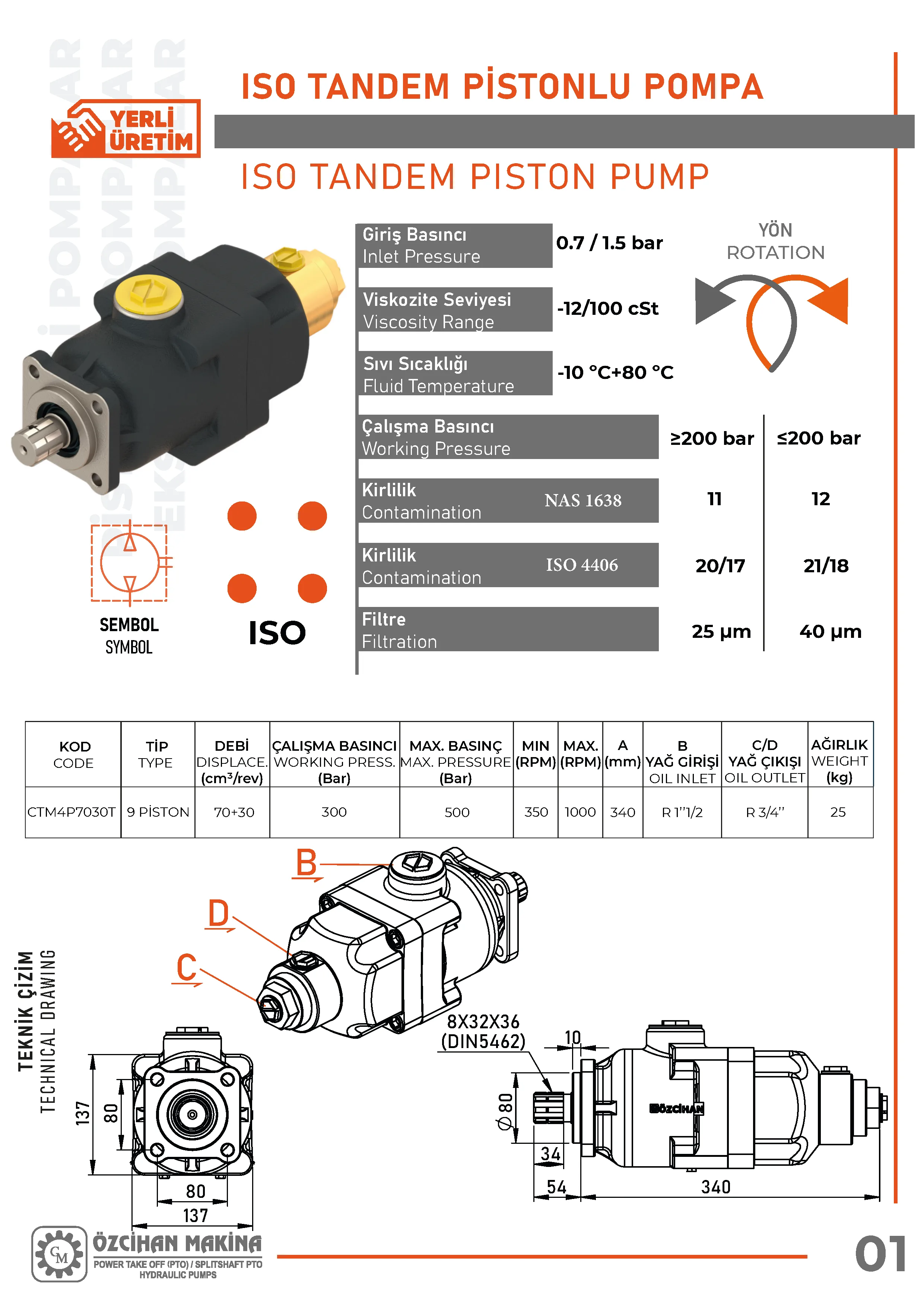 CTM4P7030T Döküm Gövde Pistonlu Pompa – 9 Elemanlı, 70+30 cm³/rev teknik çizimi — kesit, ölçü ve montaj şeması
