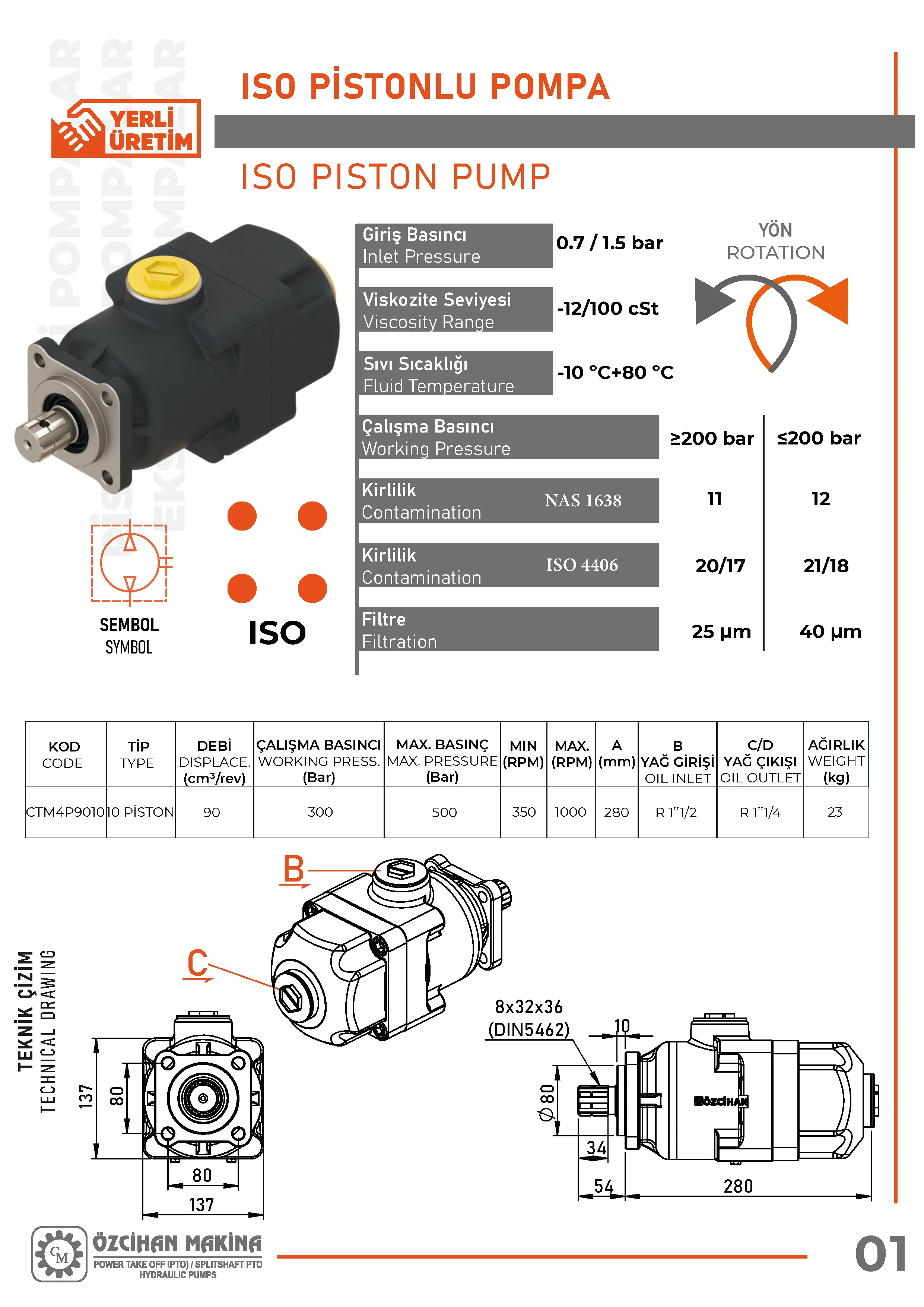 CTM4P9010 Döküm Gövde Pistonlu Pompa – 10 Elemanlı, 90 cm³/rev teknik çizimi — kesit, ölçü ve montaj şeması