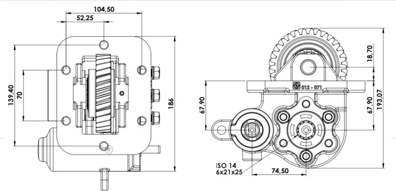 CTM 012 PTO teknik çizimi — kesit, ölçü ve montaj şeması