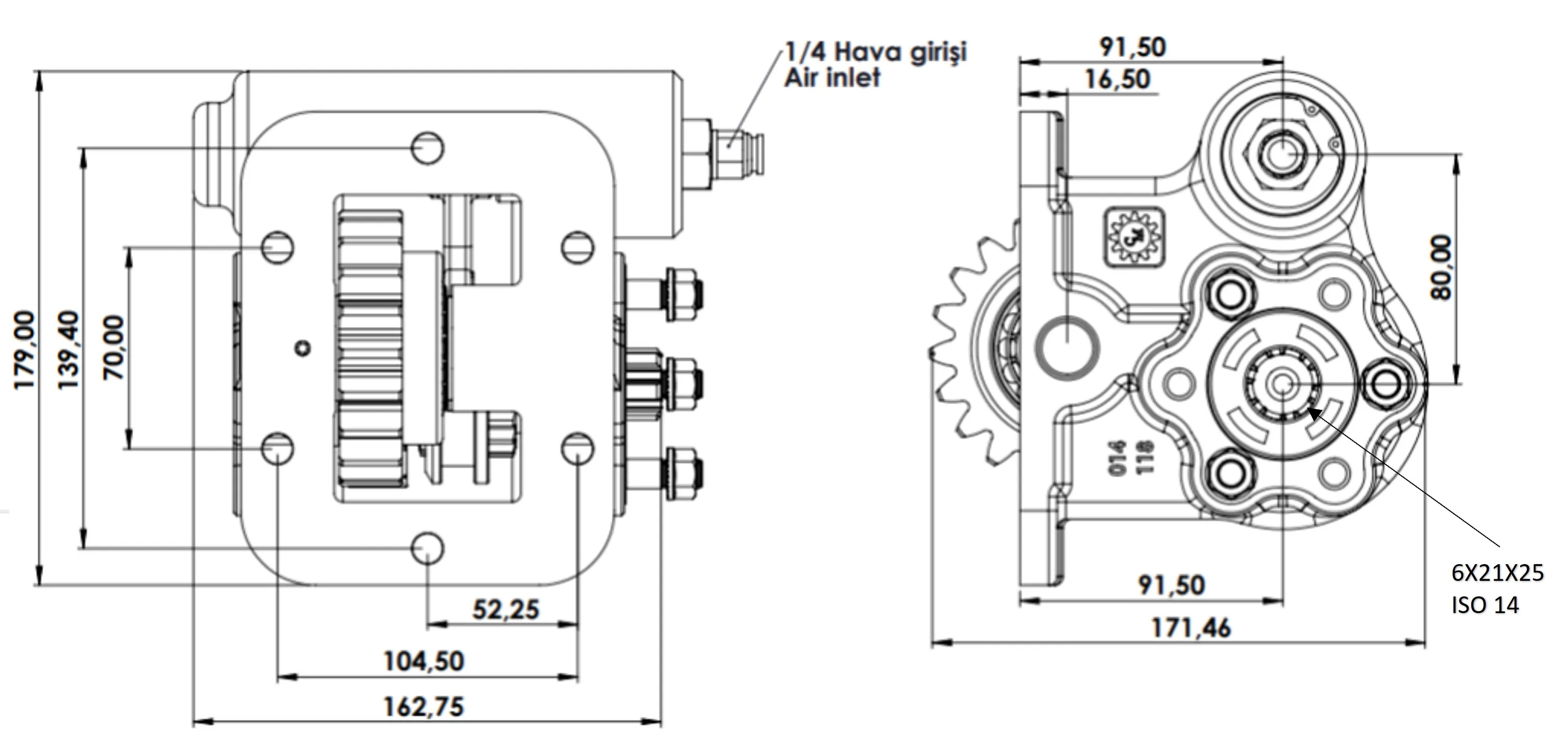 CTM 014 PTO teknik çizimi — kesit, ölçü ve montaj şeması