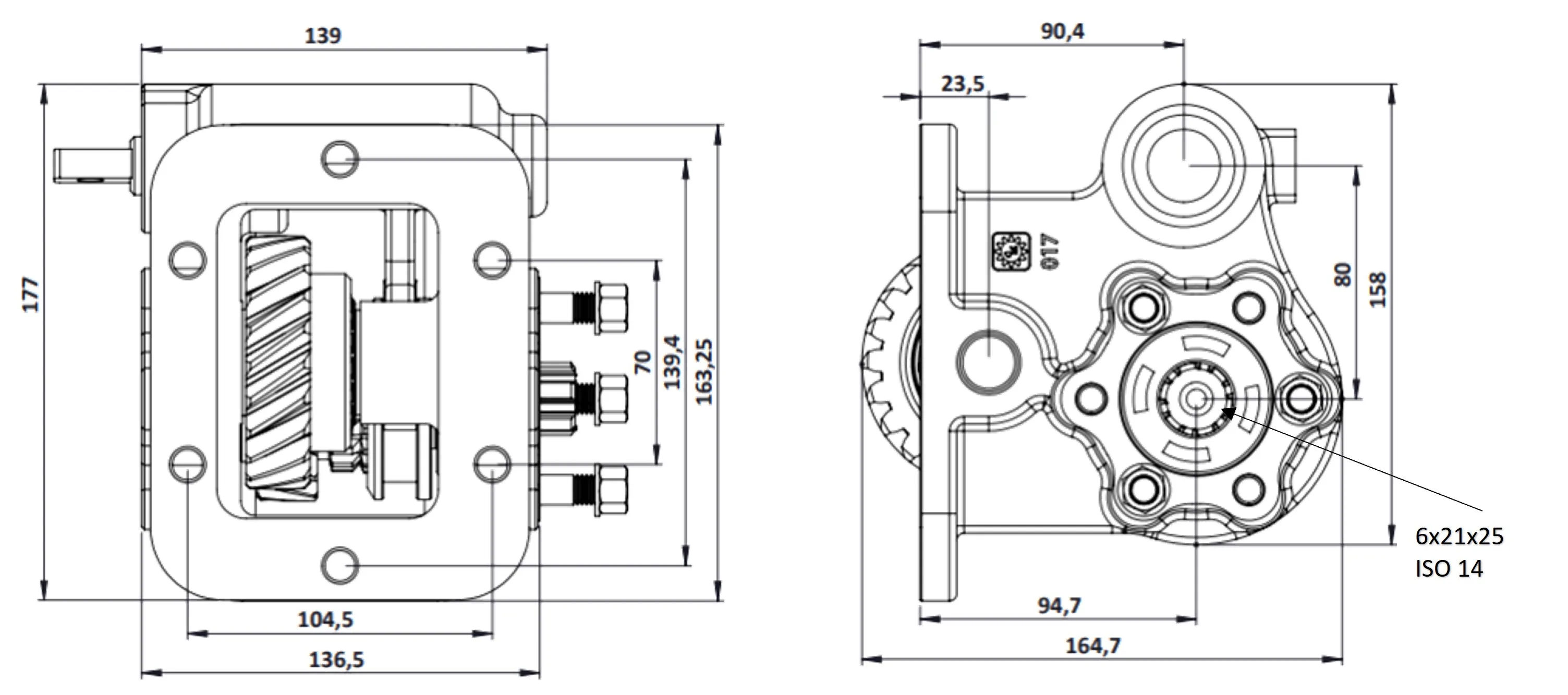 CTM 017 PTO teknik çizimi — kesit, ölçü ve montaj şeması