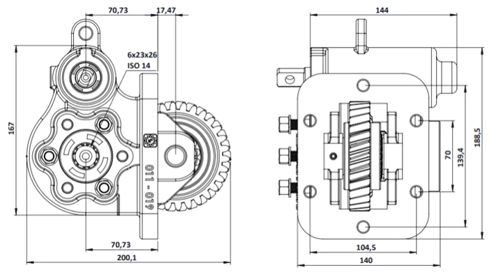 CTM 019 PTO teknik çizimi — kesit, ölçü ve montaj şeması