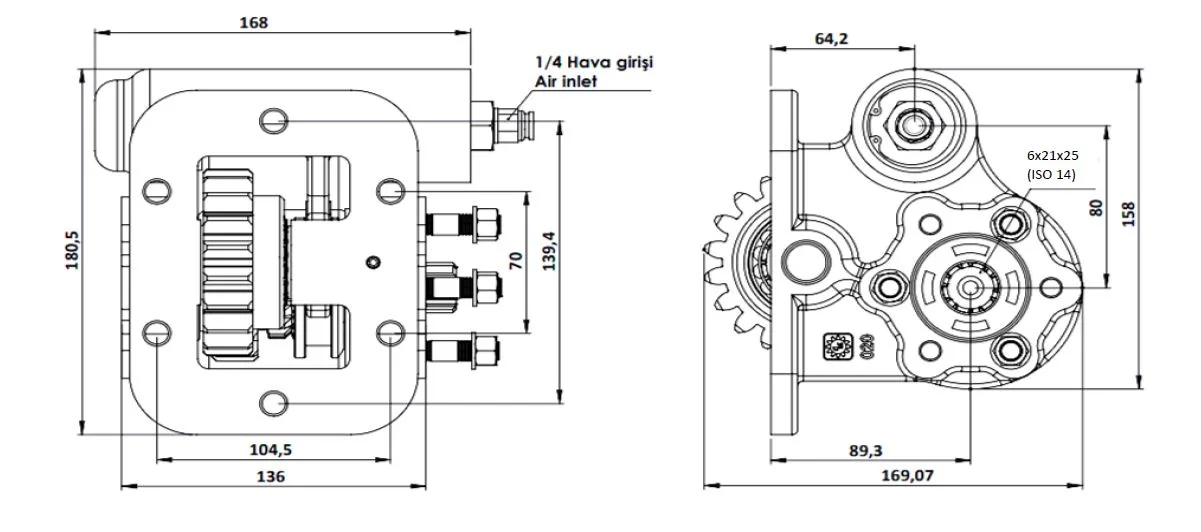 CTM 020 PTO teknik çizimi — kesit, ölçü ve montaj şeması