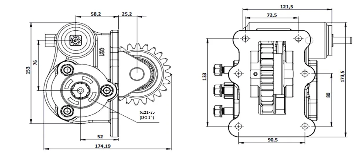 CTM 021 PTO teknik çizimi — kesit, ölçü ve montaj şeması