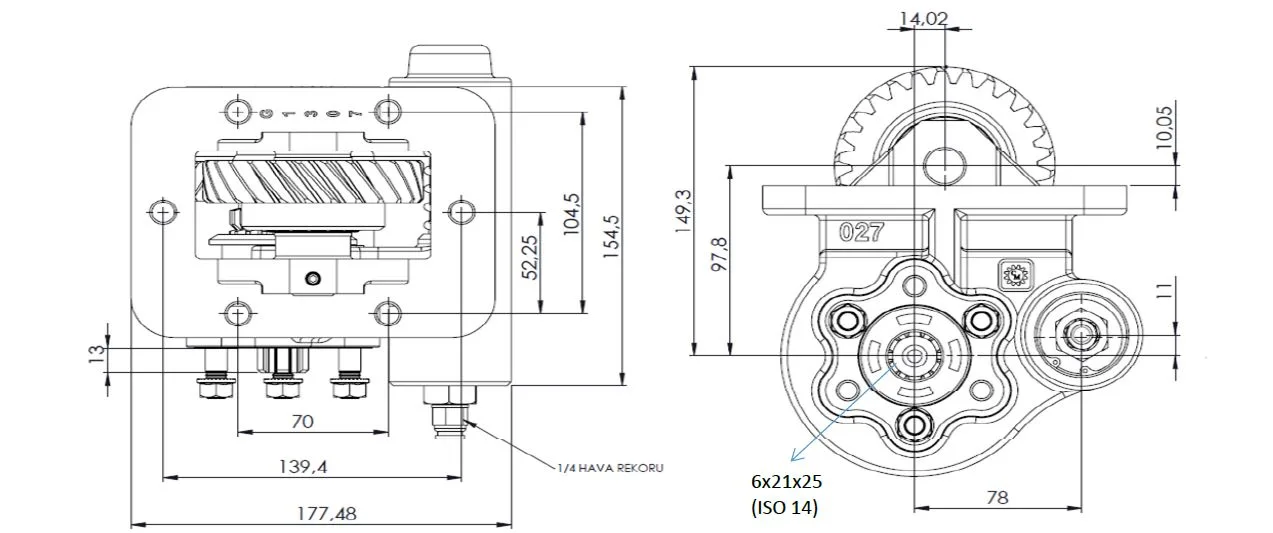 CTM 027 PTO teknik çizimi — kesit, ölçü ve montaj şeması
