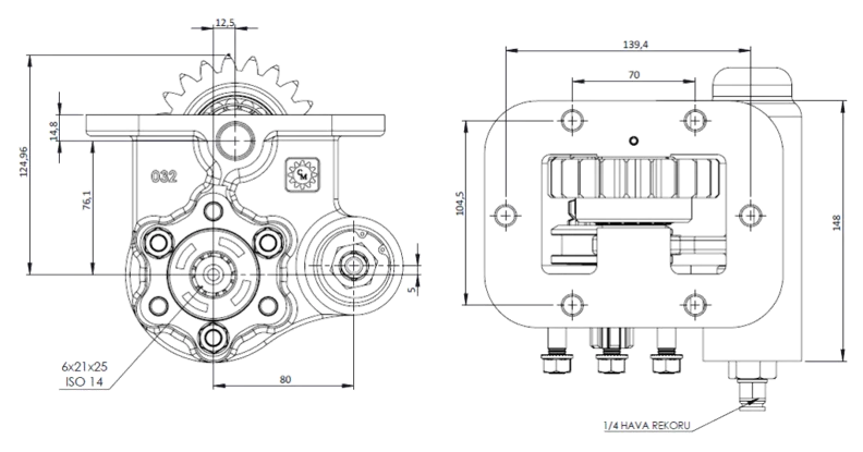 CTM 032 PTO teknik çizimi — kesit, ölçü ve montaj şeması