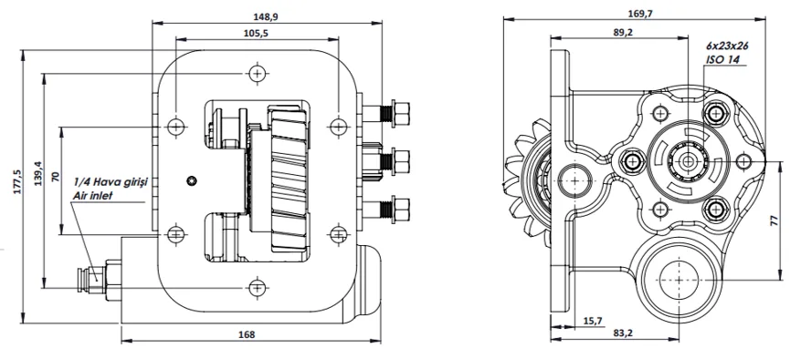 CTM 038 PTO teknik çizimi — kesit, ölçü ve montaj şeması