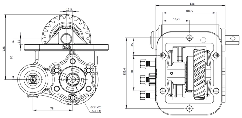 CTM 040 PTO teknik çizimi — kesit, ölçü ve montaj şeması