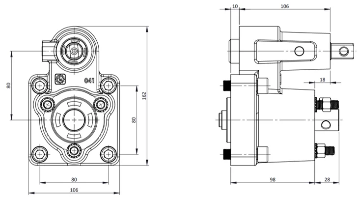 CTM 041 PTO teknik çizimi — kesit, ölçü ve montaj şeması