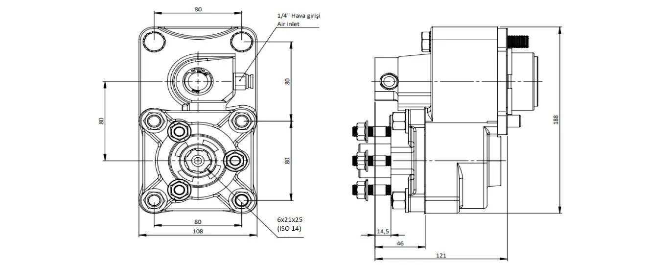 CTM 044 PTO teknik çizimi — kesit, ölçü ve montaj şeması