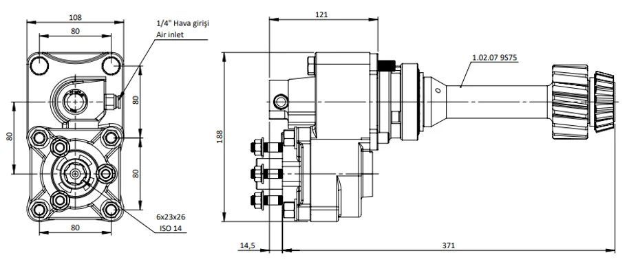 CTM 045 PTO teknik çizimi — kesit, ölçü ve montaj şeması