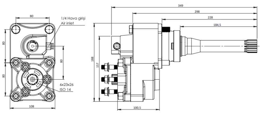 CTM 049 PTO teknik çizimi — kesit, ölçü ve montaj şeması