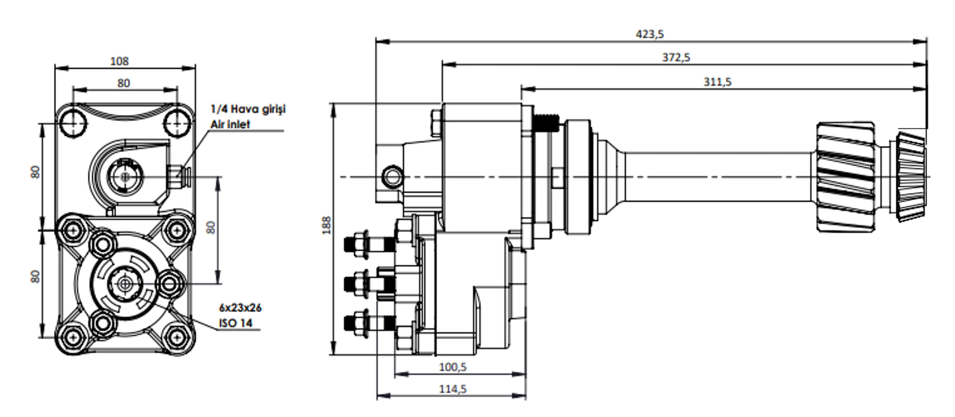 CTM 052 PTO teknik çizimi — kesit, ölçü ve montaj şeması