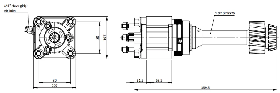 CTM 056 PTO teknik çizimi — kesit, ölçü ve montaj şeması