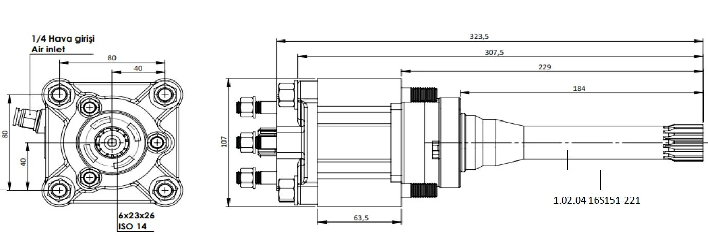 CTM 059 PTO teknik çizimi — kesit, ölçü ve montaj şeması