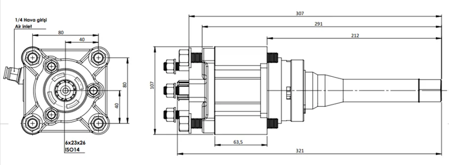 CTM 060 PTO teknik çizimi — kesit, ölçü ve montaj şeması