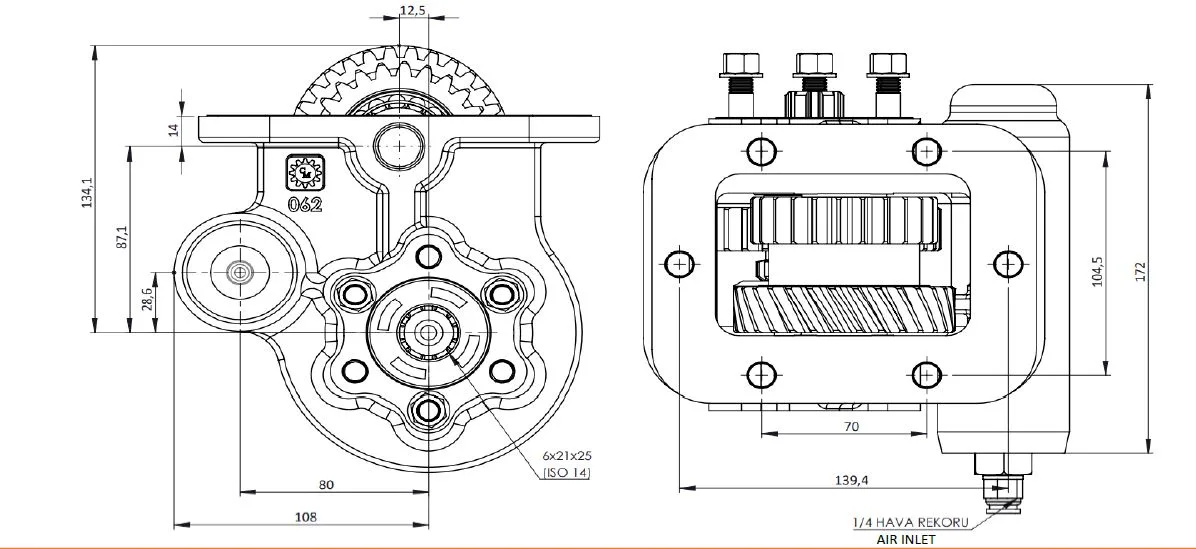 CTM 062 PTO teknik çizimi — kesit, ölçü ve montaj şeması
