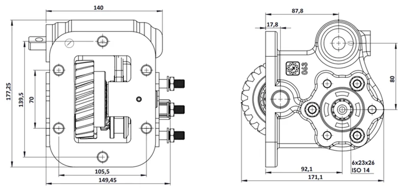 CTM 063 PTO teknik çizimi — kesit, ölçü ve montaj şeması