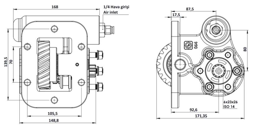 CTM 064 PTO teknik çizimi — kesit, ölçü ve montaj şeması