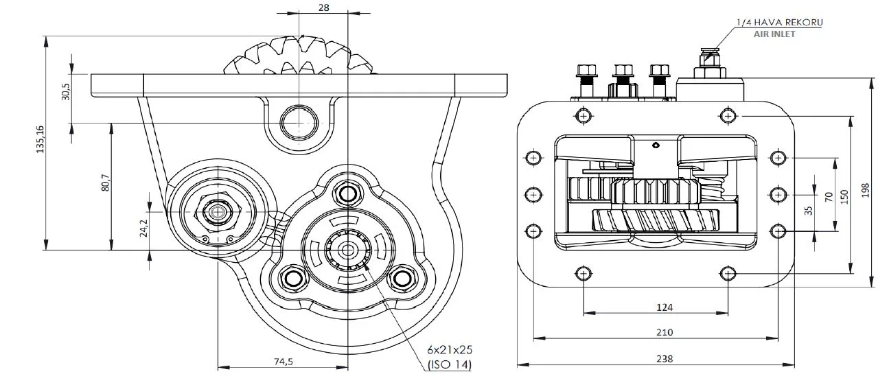 CTM 065 PTO teknik çizimi — kesit, ölçü ve montaj şeması
