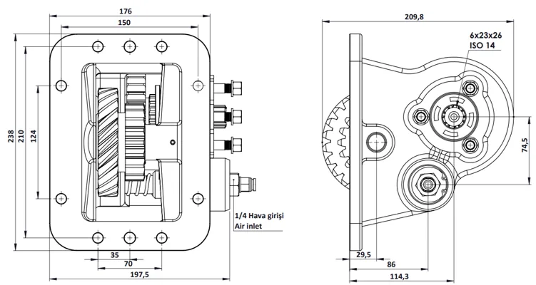 CTM 069 PTO teknik çizimi — kesit, ölçü ve montaj şeması