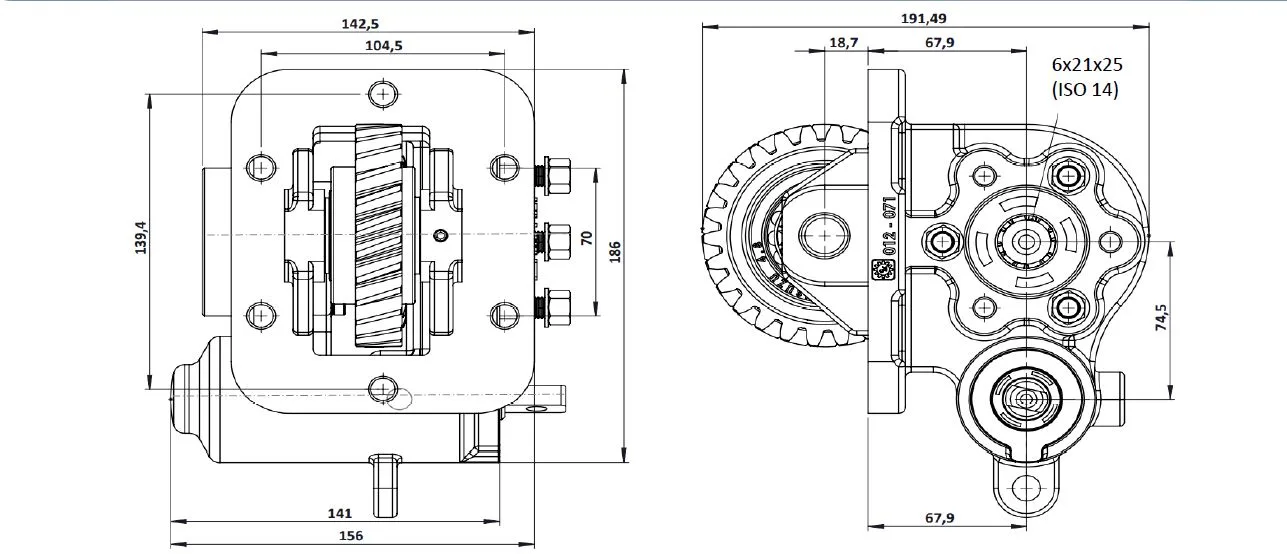 CTM 071 PTO teknik çizimi — kesit, ölçü ve montaj şeması