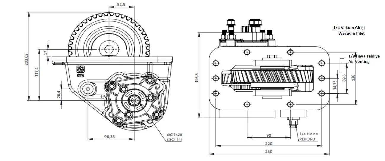 CTM 074 PTO teknik çizimi — kesit, ölçü ve montaj şeması