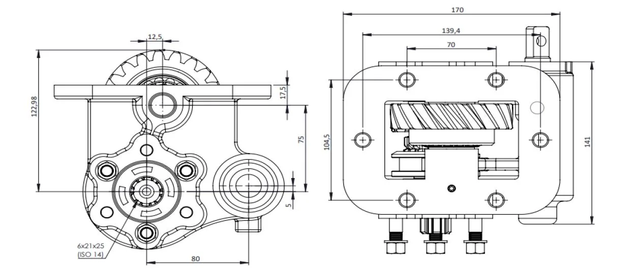 CTM 076 PTO teknik çizimi — kesit, ölçü ve montaj şeması