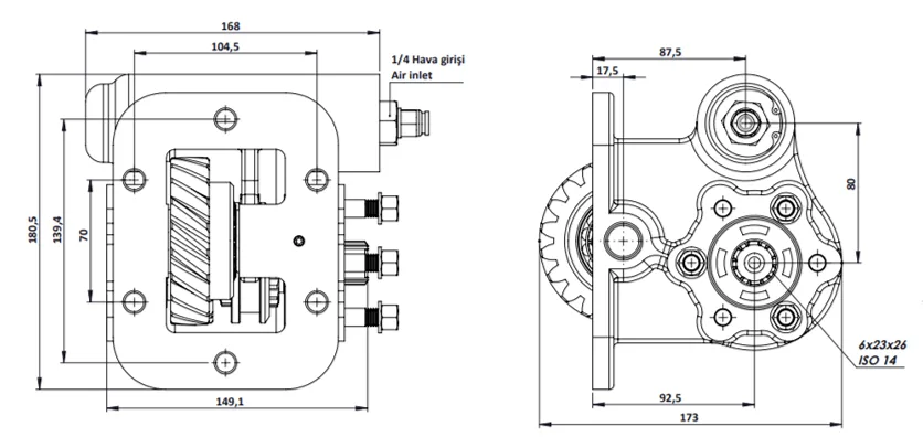 CTM 077 PTO teknik çizimi — kesit, ölçü ve montaj şeması