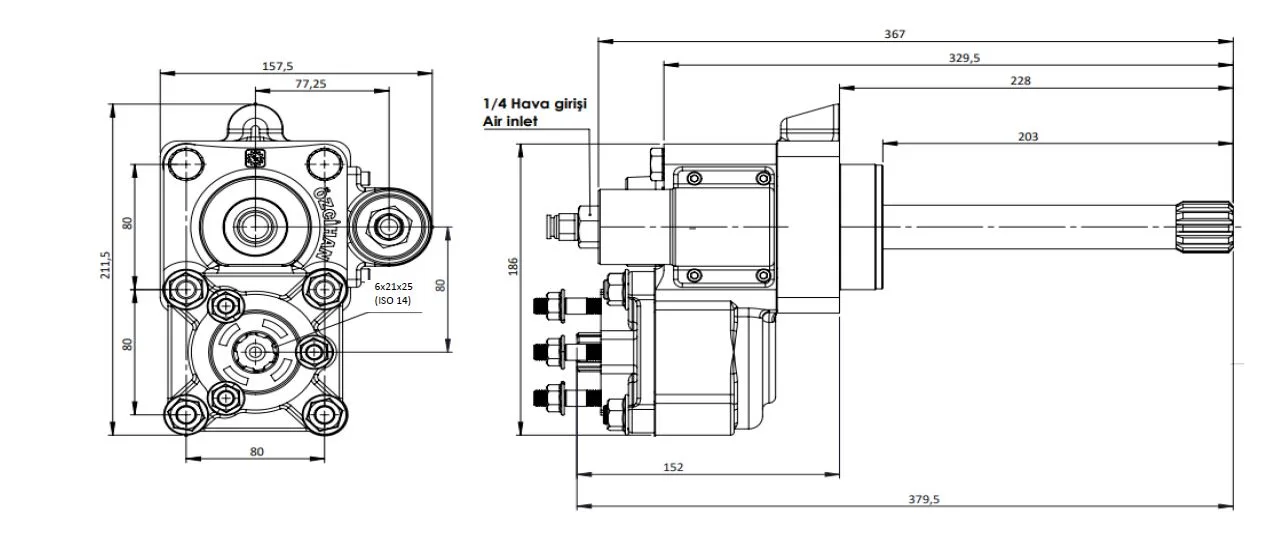 CTM 079 PTO teknik çizimi — kesit, ölçü ve montaj şeması