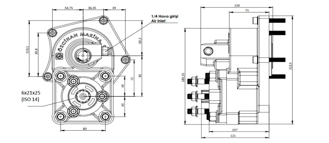 CTM 081 PTO teknik çizimi — kesit, ölçü ve montaj şeması