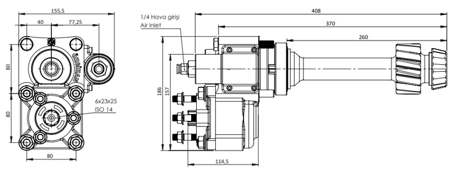 CTM 089 PTO teknik çizimi — kesit, ölçü ve montaj şeması