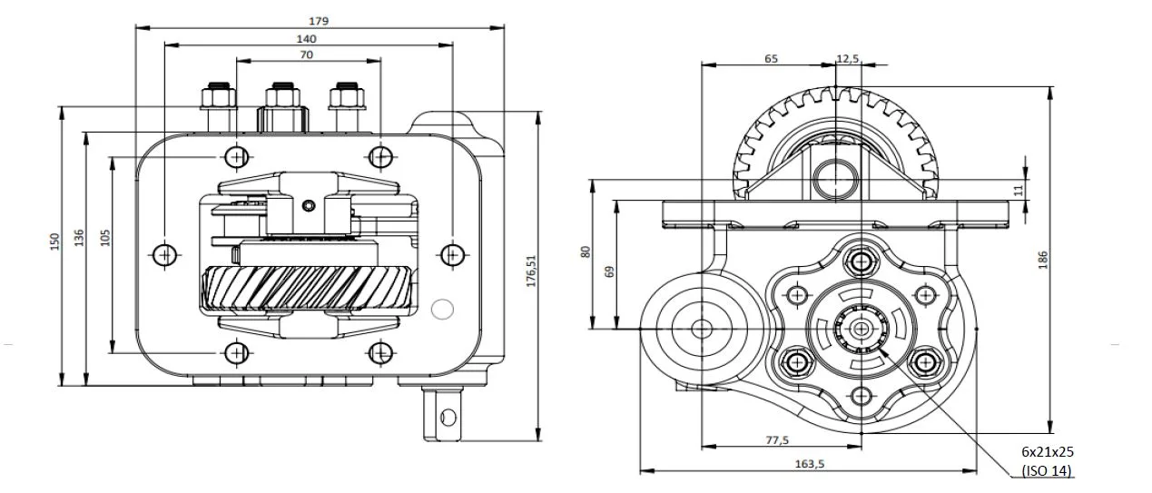 CTM 090 PTO teknik çizimi — kesit, ölçü ve montaj şeması